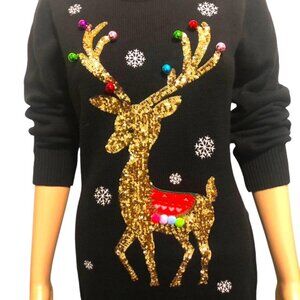Ugly Christmas Sweater Dress Sequined Happy Reindeer Sz XS NEW